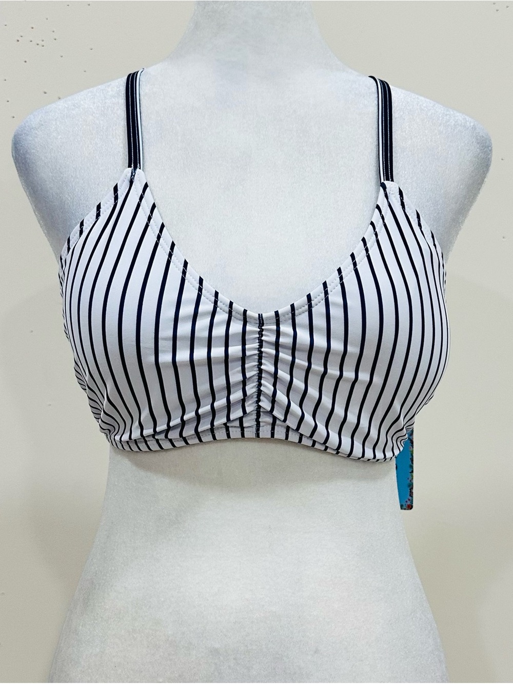 Yonique  Womens Size L White Blue  Stripe Swim Bikini Top NWT
